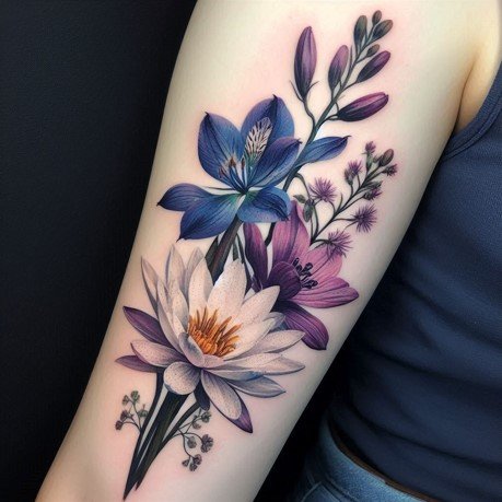 Larkspur and Water Lily Bouquet Tattoo